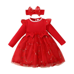 Girls Red Floral Embroidered Cotton Fit & Flare Balloon Dress With Headband
