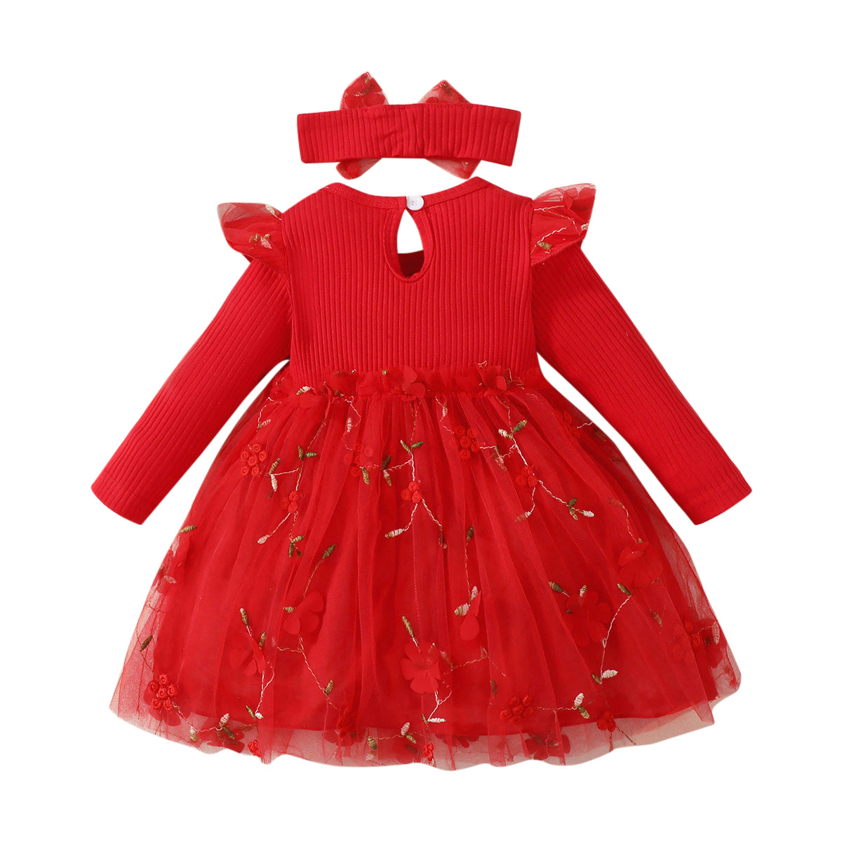 Girls Red Floral Embroidered Cotton Fit & Flare Balloon Dress With Headband