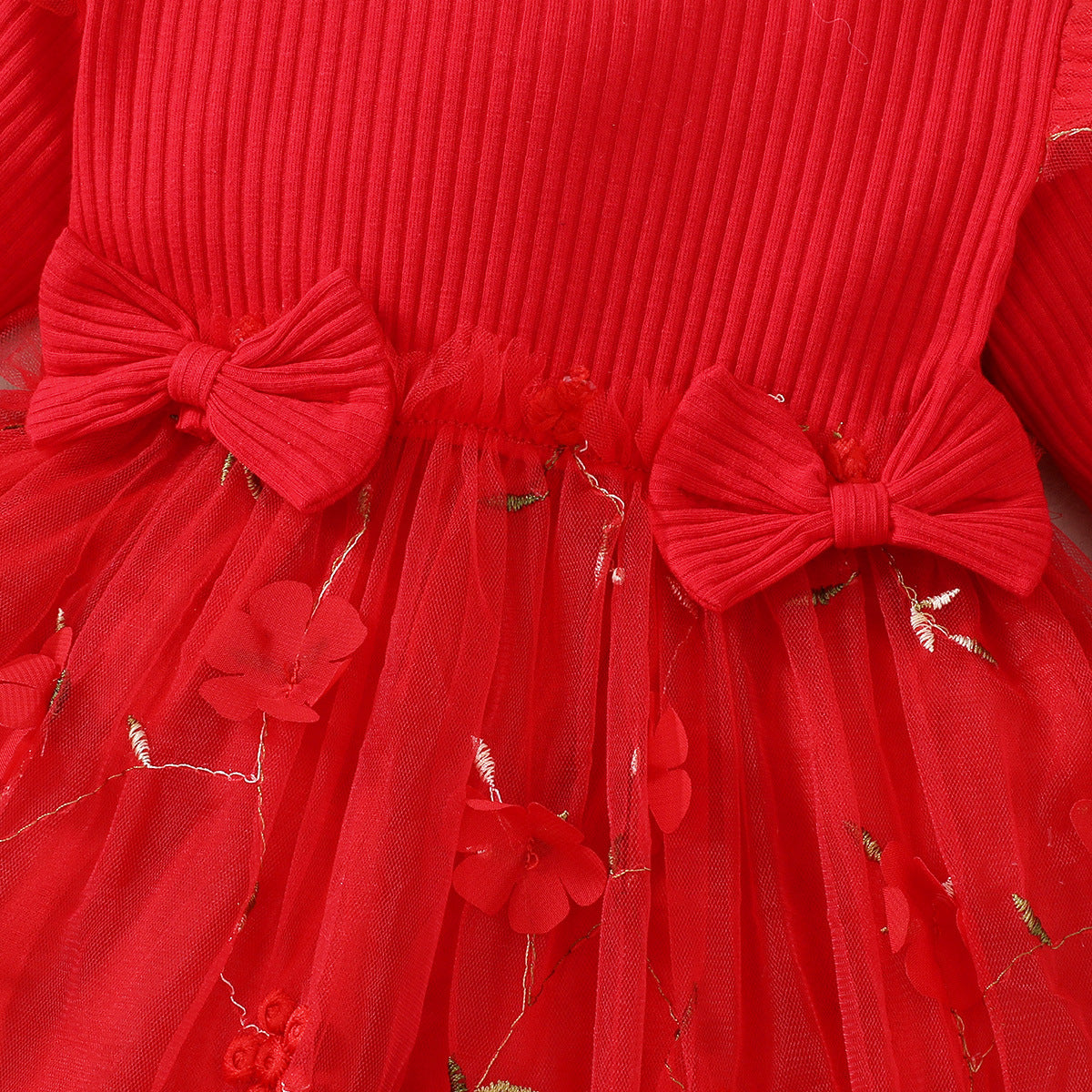 Girls Red Floral Embroidered Cotton Fit & Flare Balloon Dress With Headband