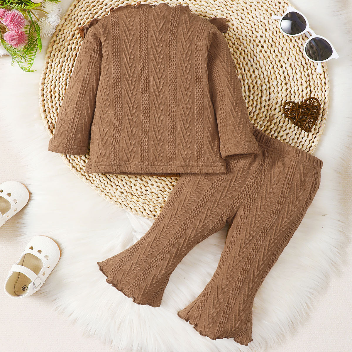 Infant Girls Brown Self Design Top with Palazzos