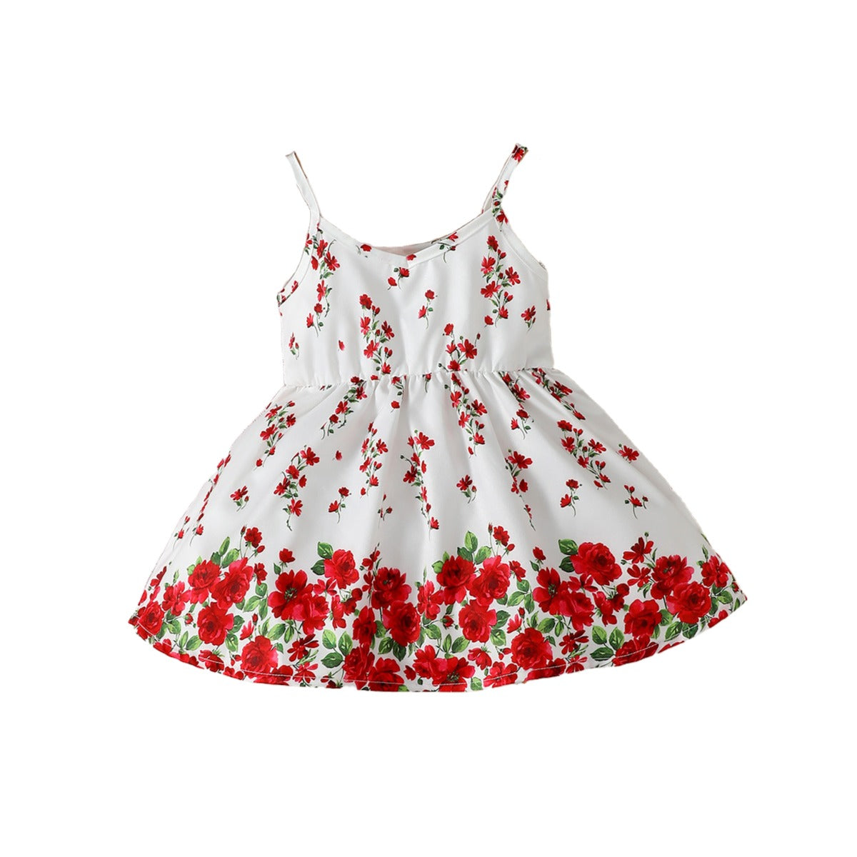 Girls White Shoulder Straps Floral Print Fit & Flare Dress