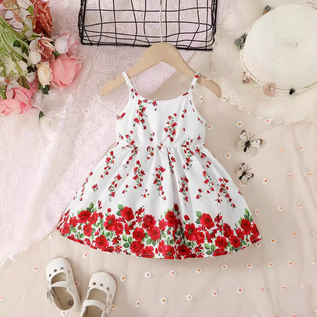Girls White Shoulder Straps Floral Print Fit & Flare Dress