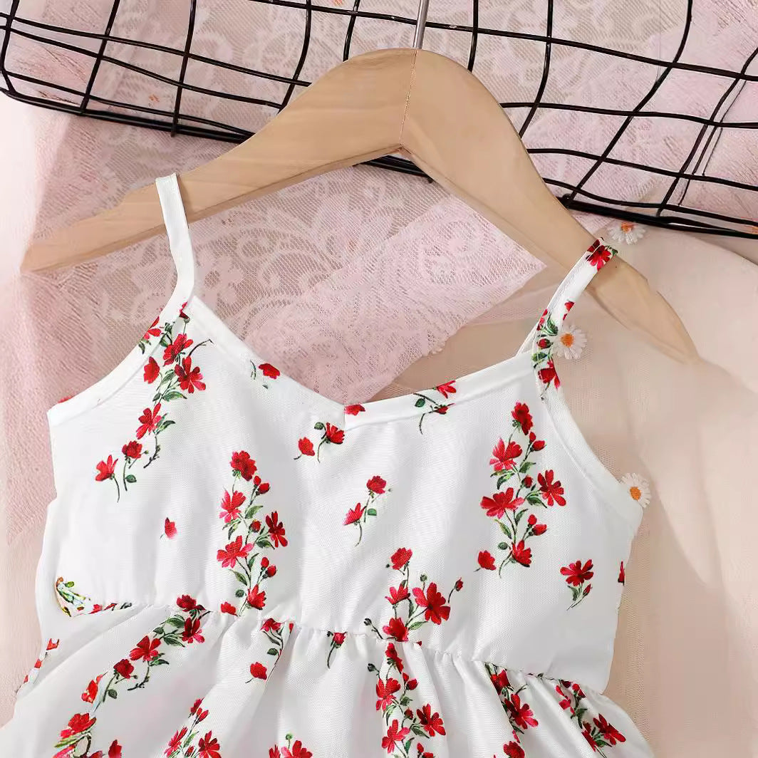 Girls White Shoulder Straps Floral Print Fit & Flare Dress