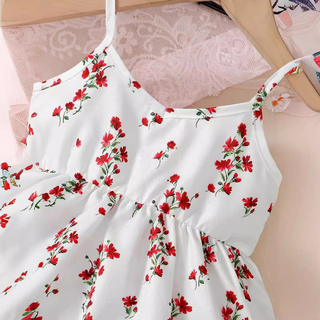 Girls White Shoulder Straps Floral Print Fit & Flare Dress