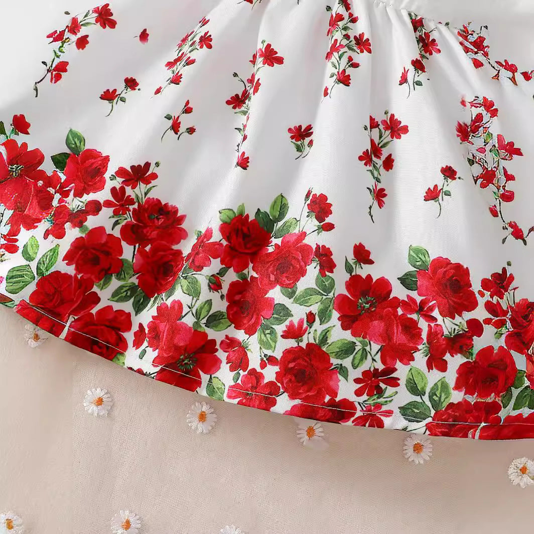 Girls White Shoulder Straps Floral Print Fit & Flare Dress
