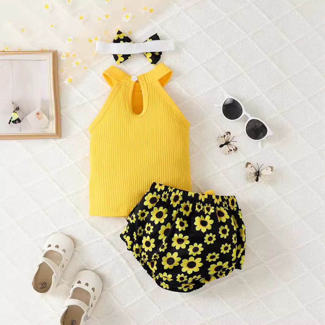 Girls Yellow & Black High Neck Top with Shorts