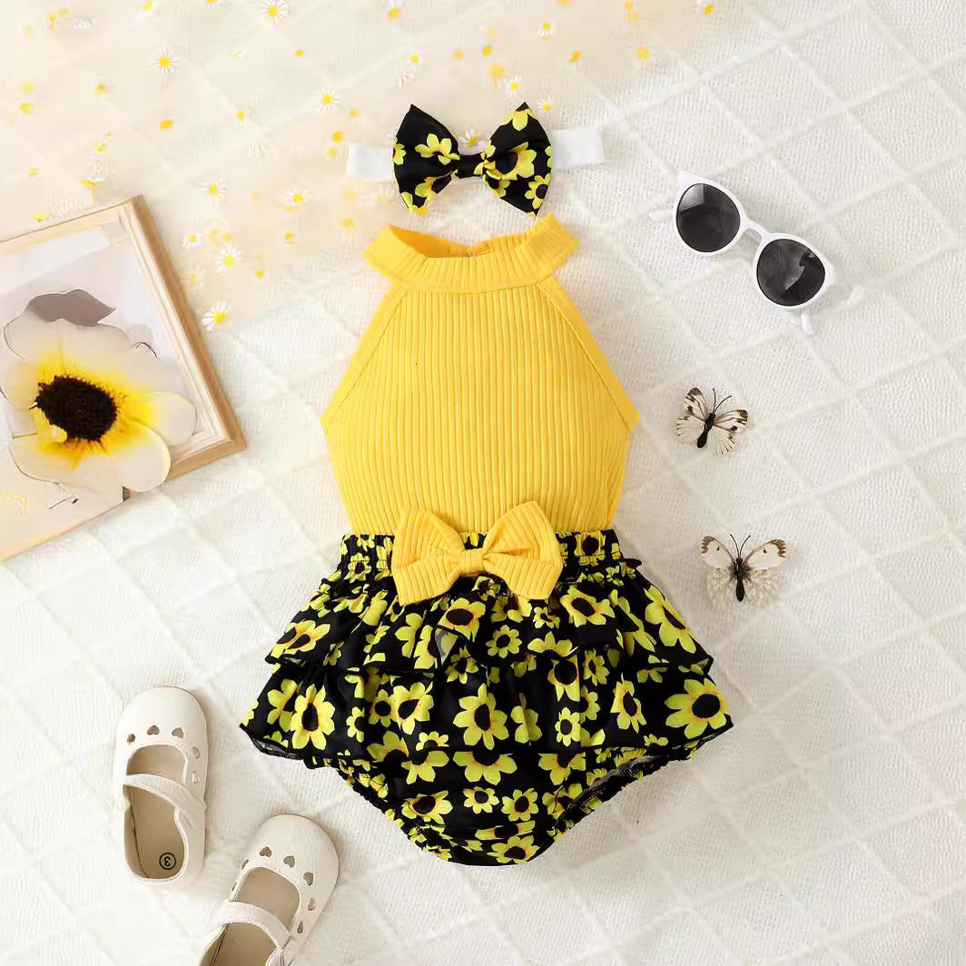 Girls Yellow & Black High Neck Top with Shorts