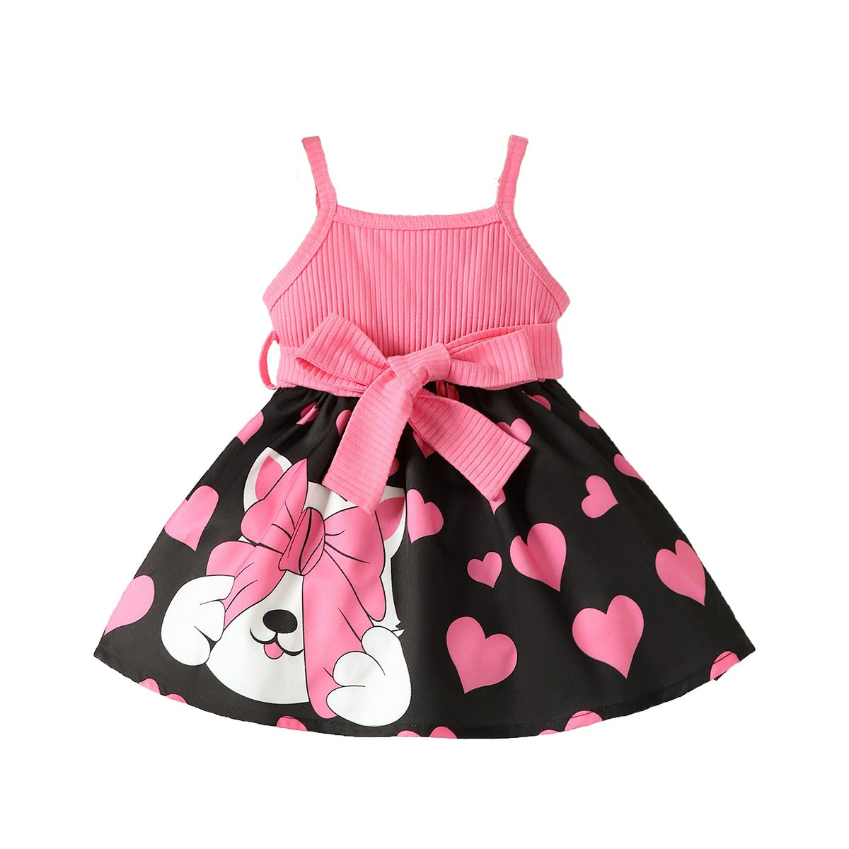 Girls Pink Shoulder Straps Print Fit & Flare Dress