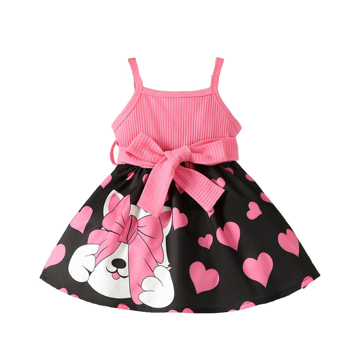 Girls Pink Shoulder Straps Print Fit & Flare Dress