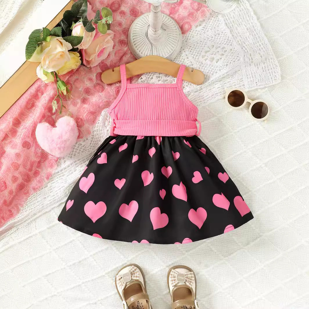 Girls Pink Shoulder Straps Print Fit & Flare Dress