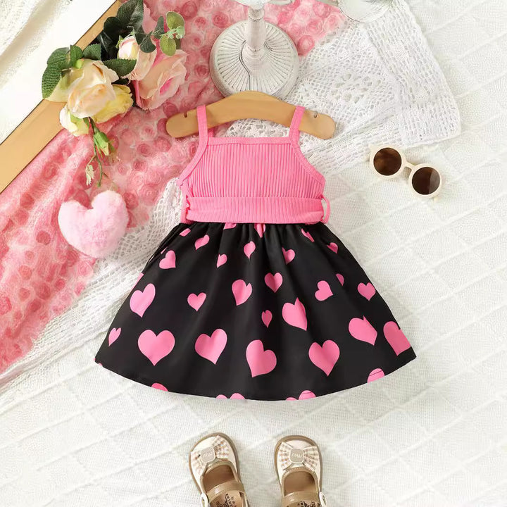 Girls Pink Shoulder Straps Print Fit & Flare Dress