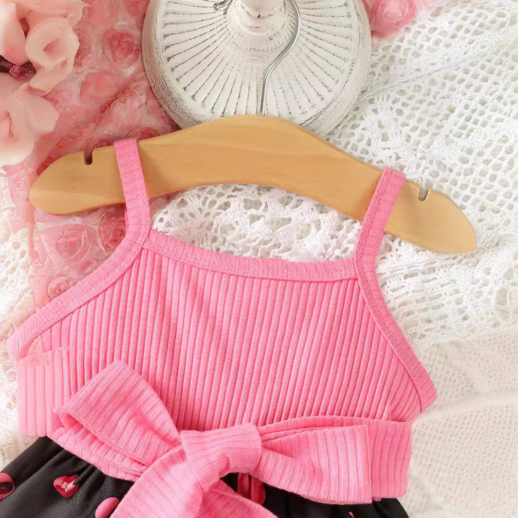 Girls Pink Shoulder Straps Print Fit & Flare Dress