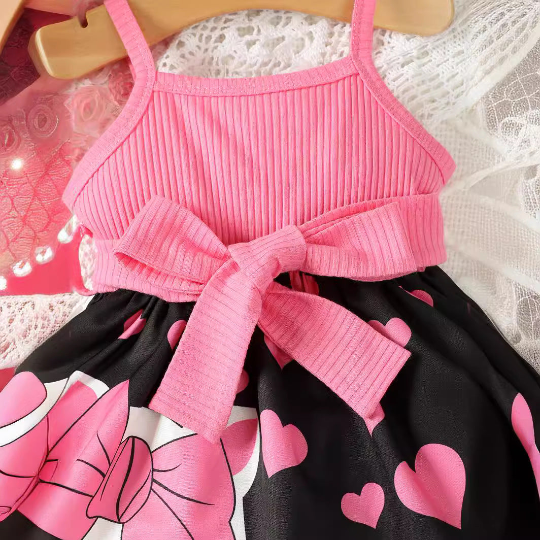 Girls Pink Shoulder Straps Print Fit & Flare Dress