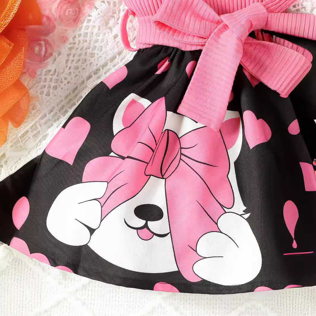 Girls Pink Shoulder Straps Print Fit & Flare Dress