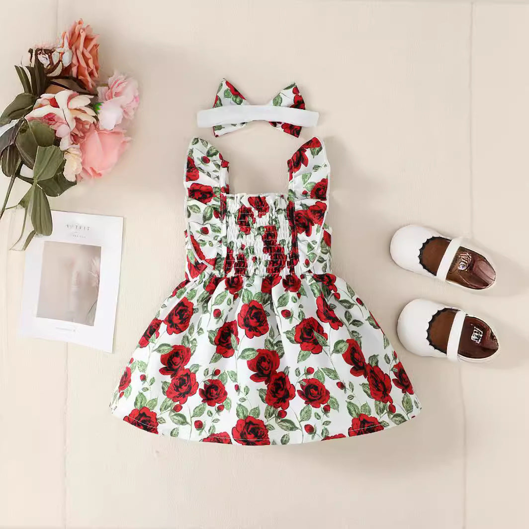 Girls Red Square Neck Floral Print Maxi Dress