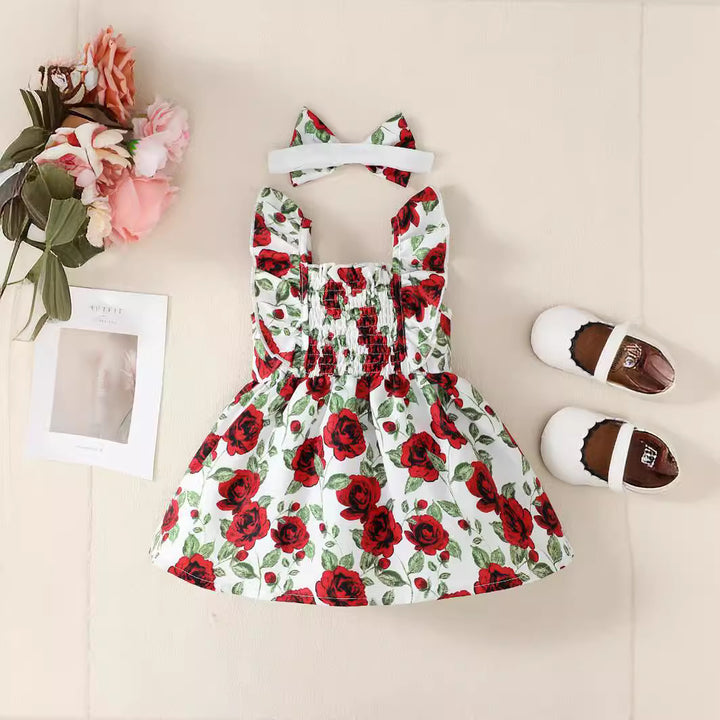 Girls Red Square Neck Floral Print Maxi Dress