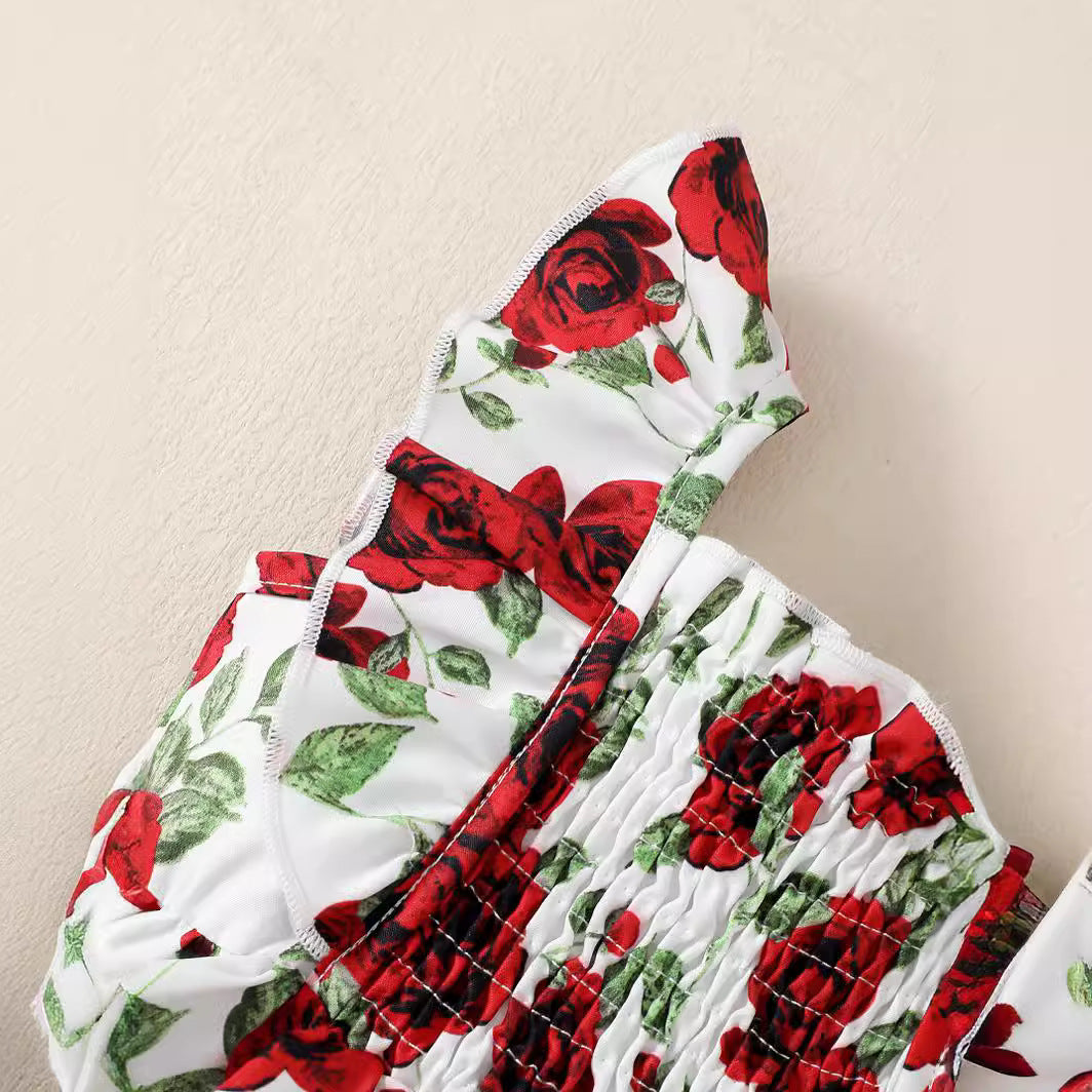 Girls Red Square Neck Floral Print Maxi Dress