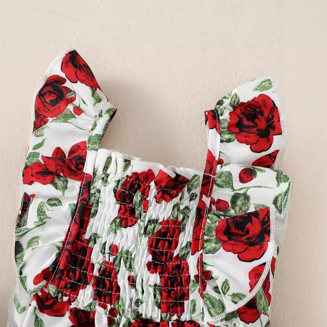 Girls Red Square Neck Floral Print Maxi Dress