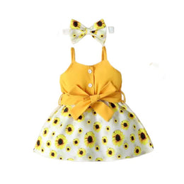 Girls Yellow & White Polka Dot Printed Bow Fit & Flare Dress