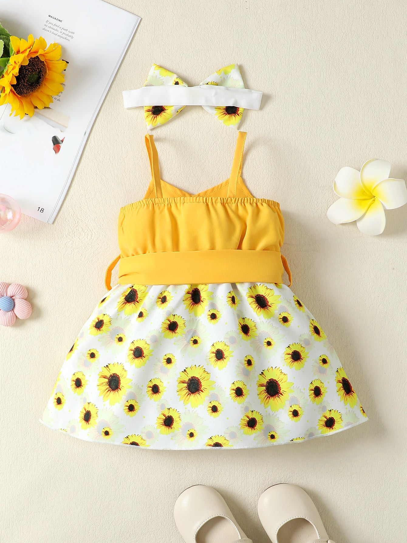Girls Yellow & White Polka Dot Printed Bow Fit & Flare Dress