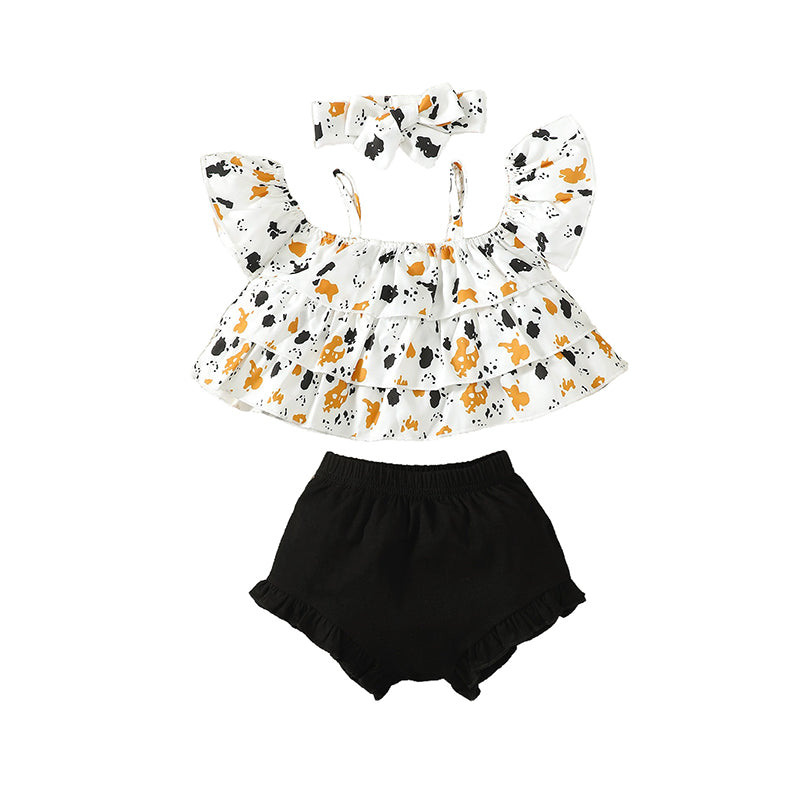 Girls Printed Top And Shorts With Hairband