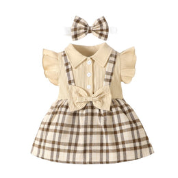 Girls Checked Flared Sleeve Cotton Pinafore Dress