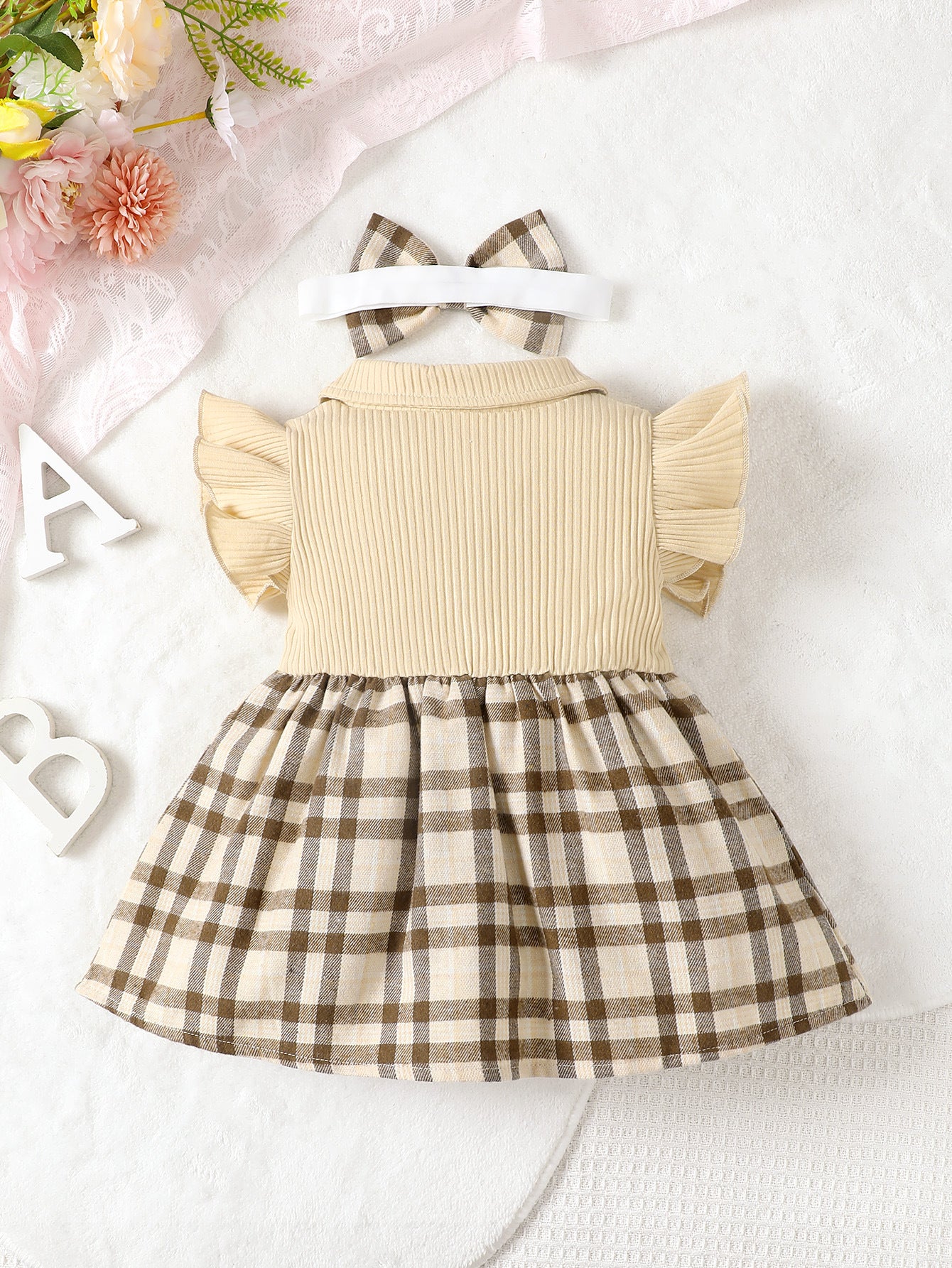 Girls Checked Flared Sleeve Cotton Pinafore Dress