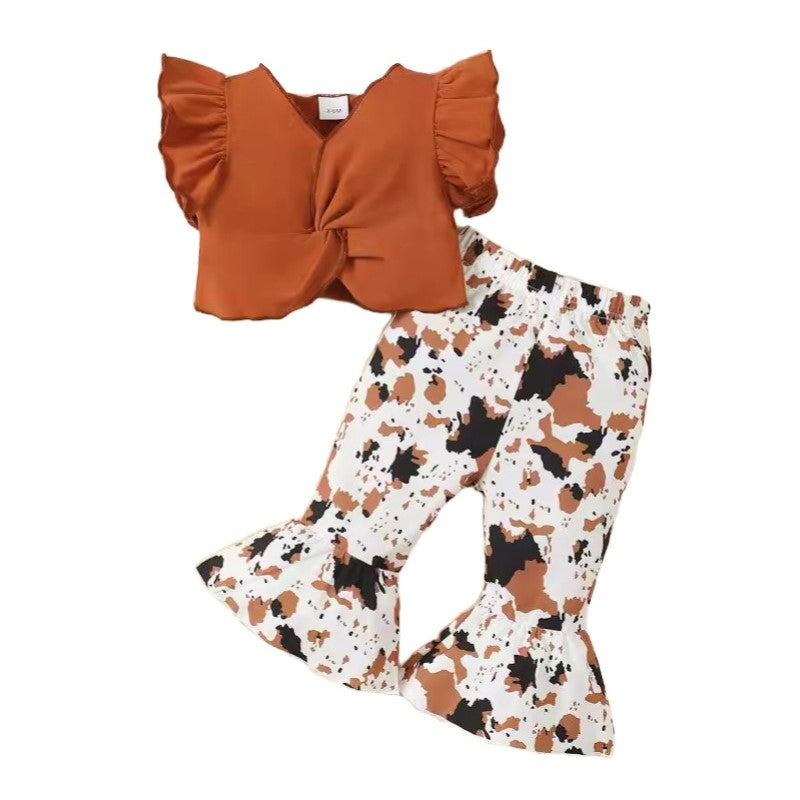 Girls Solid Top and Trousers Set