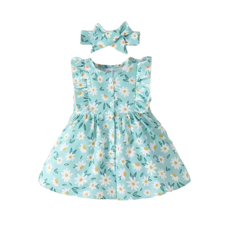Girls Blue & White Floral Print Round Neck Maxi Dress