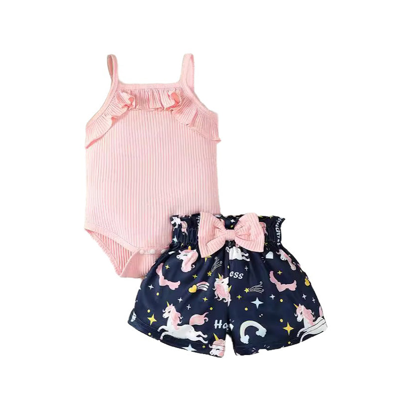Girls Pink & White Printed Sleeveless Pure Cotton Top with Shorts