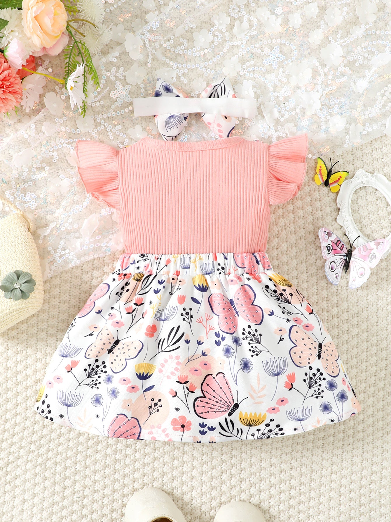 Floral Print Flutter Sleeves Cotton Fit & Flare Dress