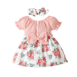 Girls Pink Round Neck Floral Print Cotton Fit & Flare Dress