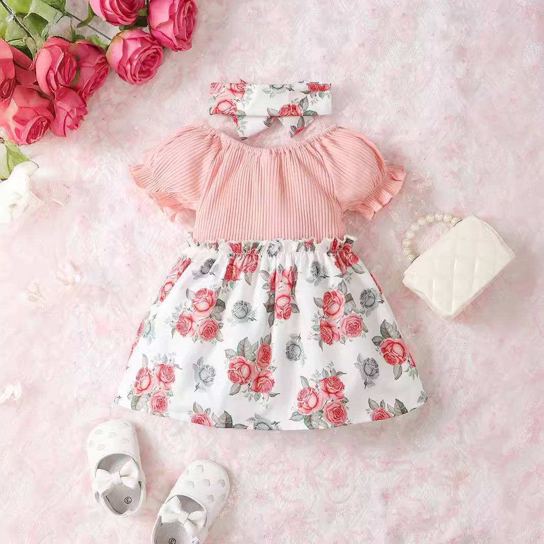 Girls Pink Round Neck Floral Print Cotton Fit & Flare Dress