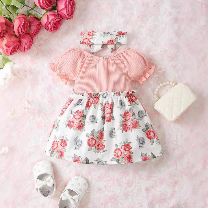 Girls Pink Round Neck Floral Print Cotton Fit & Flare Dress