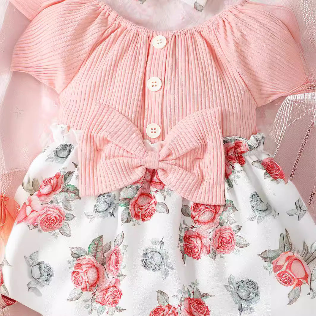 Girls Pink Round Neck Floral Print Cotton Fit & Flare Dress
