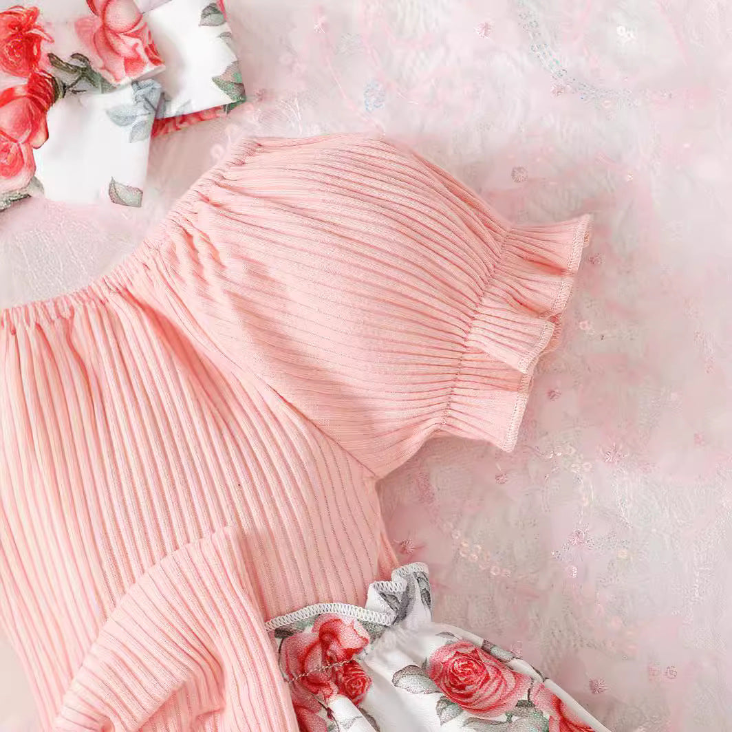 Girls Pink Round Neck Floral Print Cotton Fit & Flare Dress