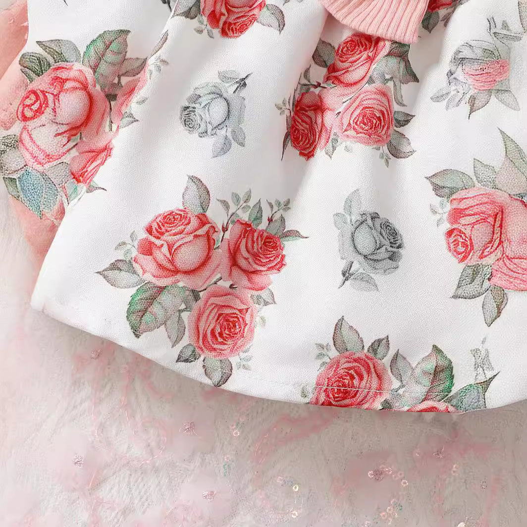 Girls Pink Round Neck Floral Print Cotton Fit & Flare Dress