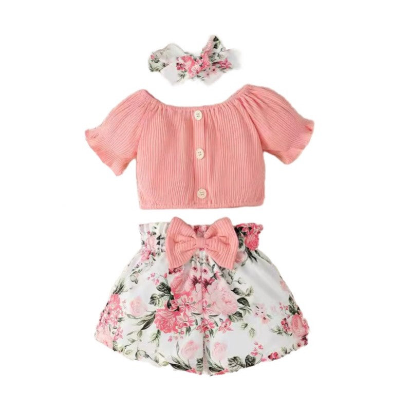 Girls Solid Top and Floral Printed Shorts Set