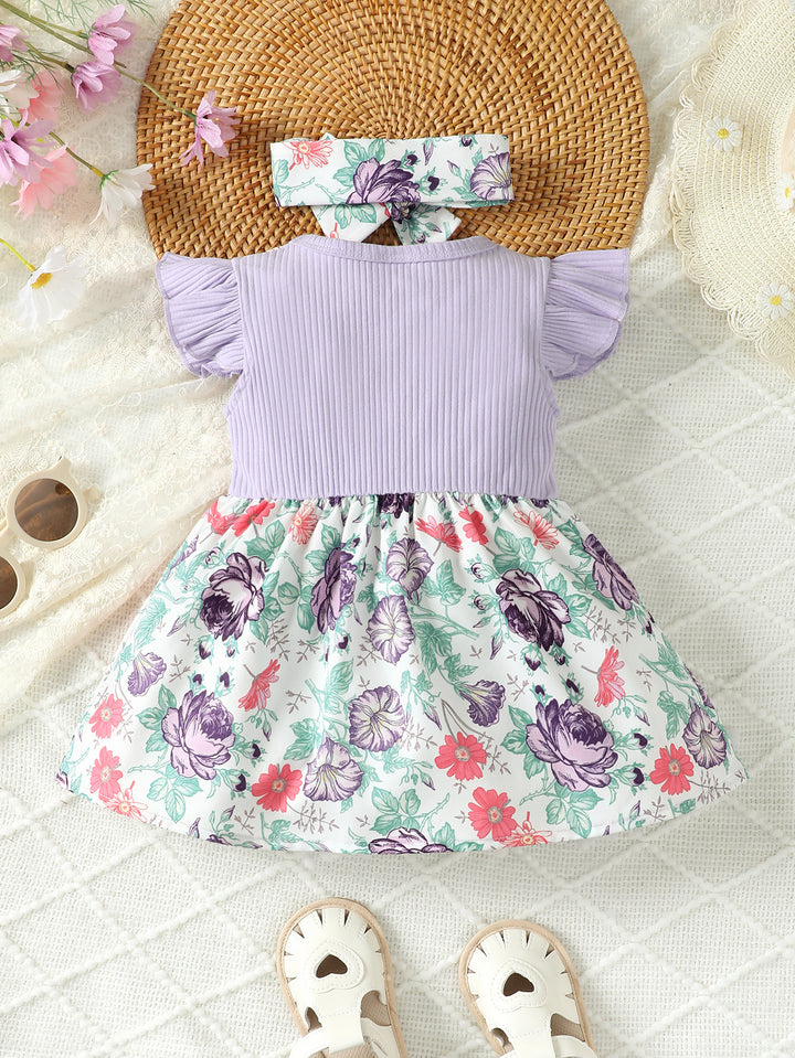 Girls Floral Print Flutter Sleeve Fit & Flare Dress