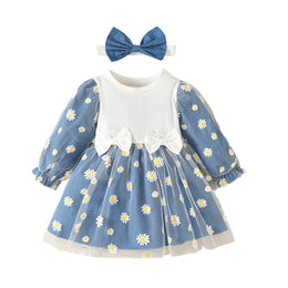 Girls Blue Floral Printed Cotton A-Line Dress