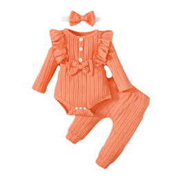 infant Girls Orange Self Design Bodysuit with Pyjamas and Headband