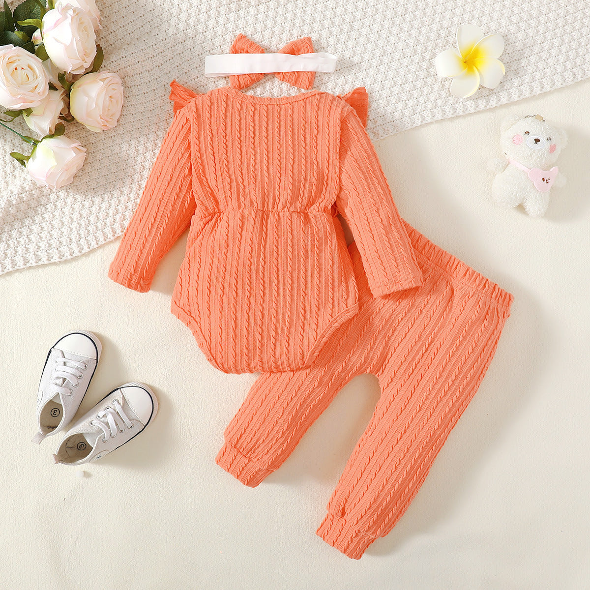 infant Girls Orange Self Design Bodysuit with Pyjamas and Headband