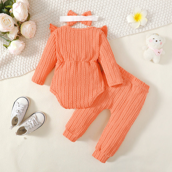 infant Girls Orange Self Design Bodysuit with Pyjamas and Headband