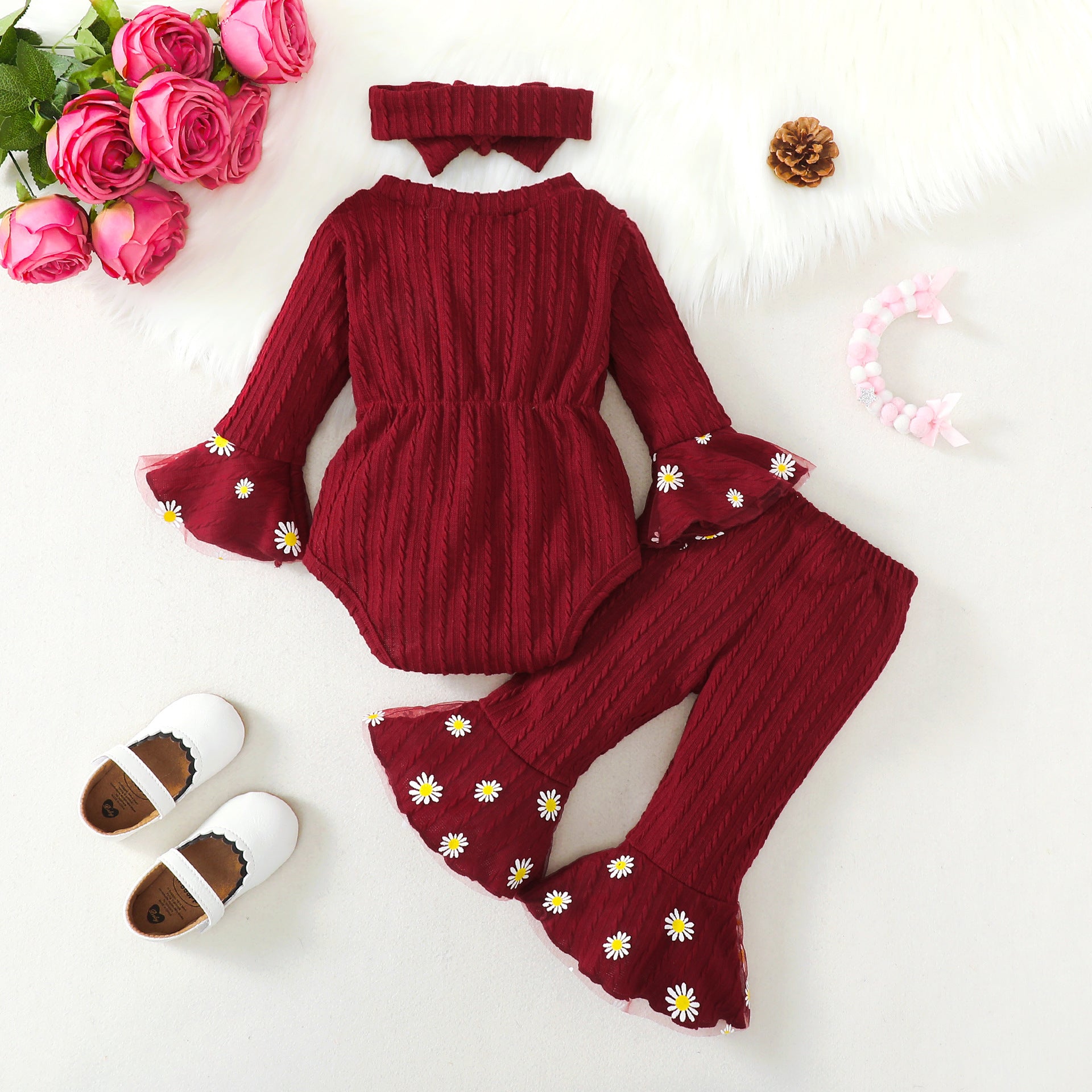 Girls Maroon & White Self Design Top with Palazzos