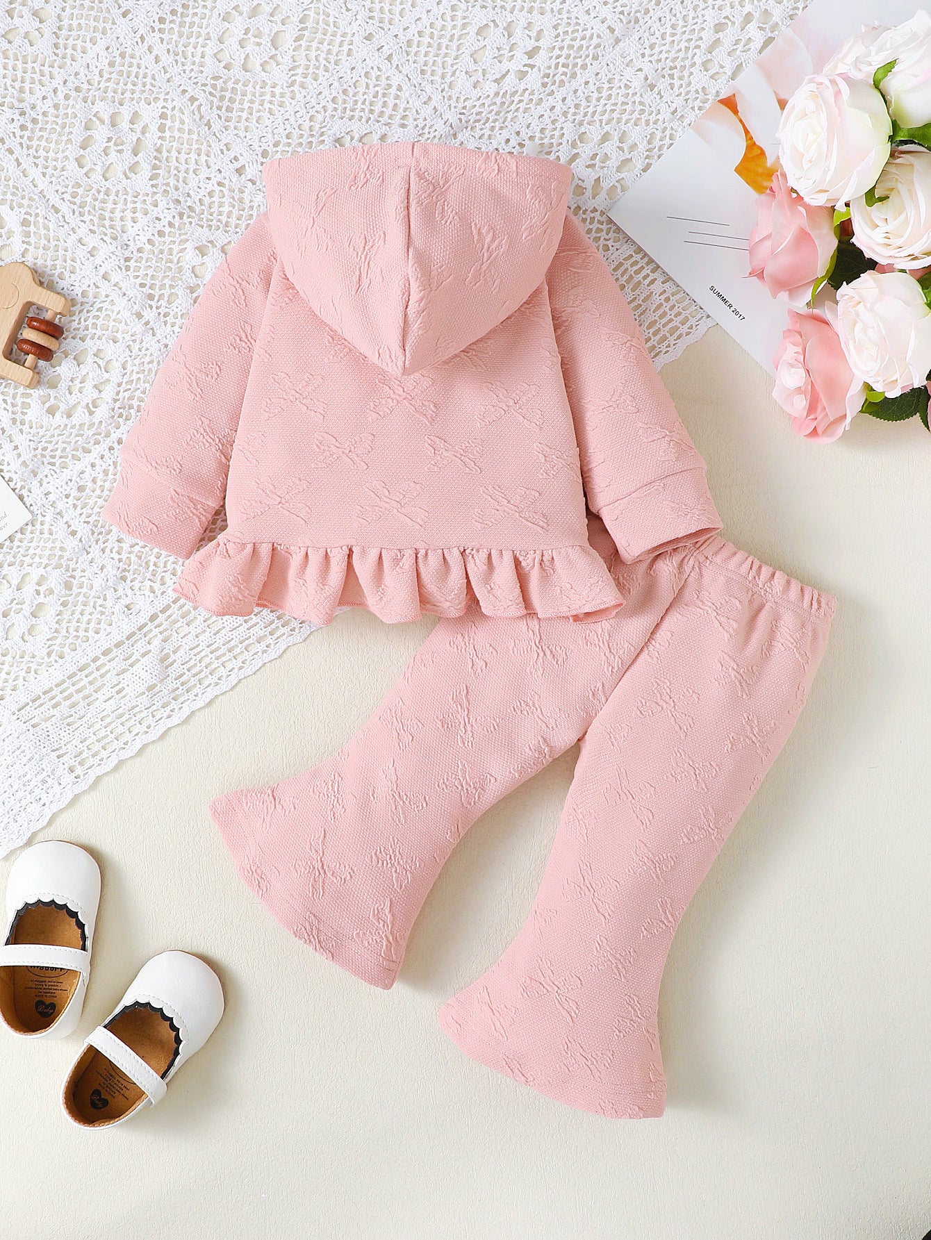 Girls Pink Self Designed Top With Trousers