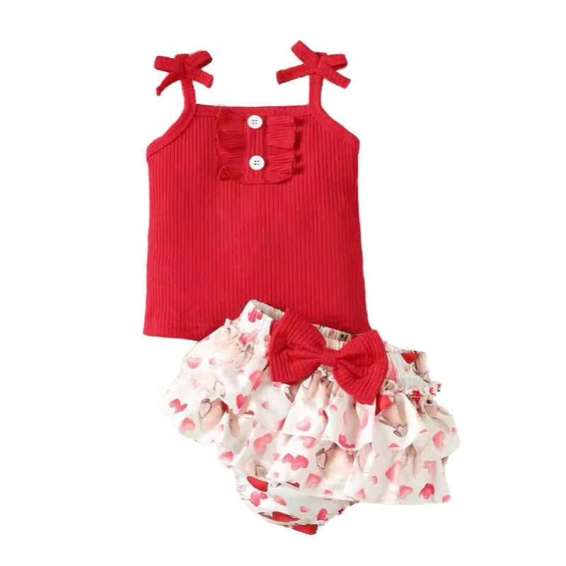 Girls Solid Top and Heart Printed Skirt Set