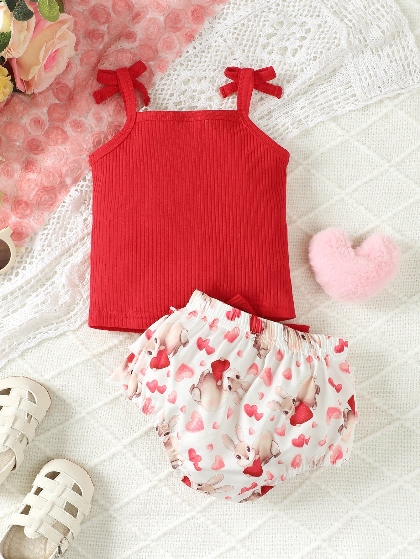 Girls Solid Top and Heart Printed Skirt Set