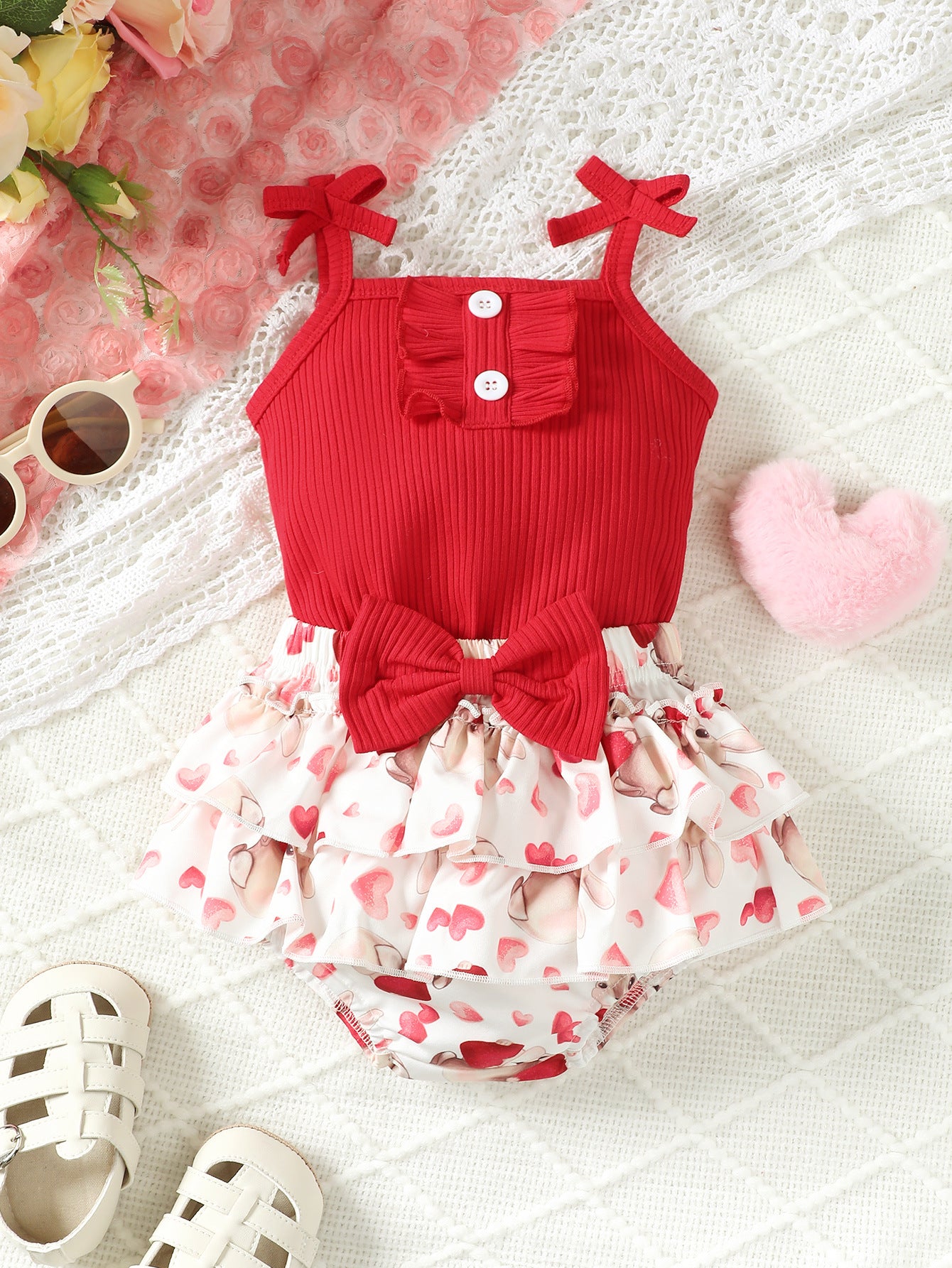 Girls Solid Top and Heart Printed Skirt Set