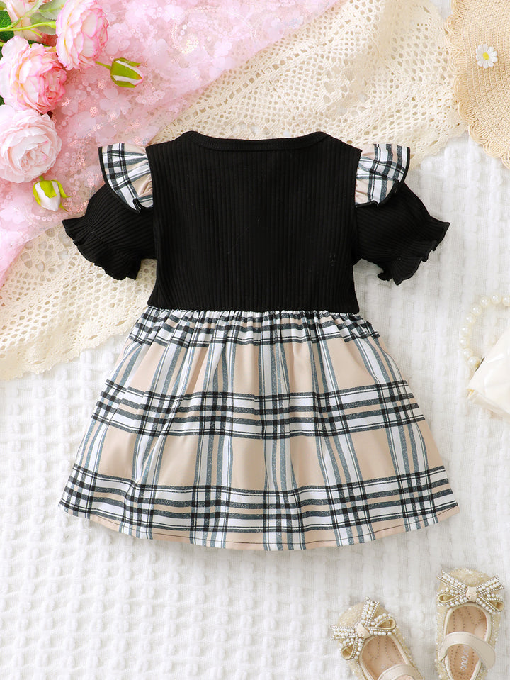 Girls Checked Puff Sleeve Fit and Flare Dress