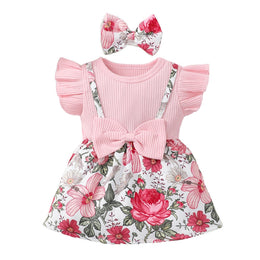 Girls Floral Printed Flutter Sleeves Fit & Flare Dress With Hairband